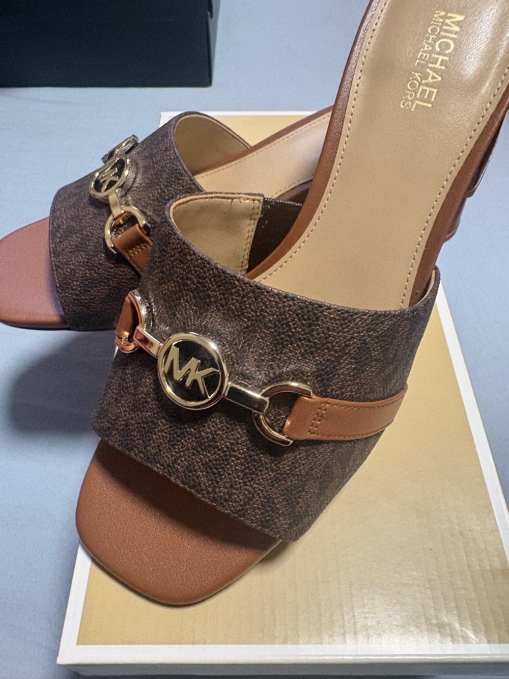 Michael Kors-  Brown Logo Mule Slides with Gold-Tone MK Hardware